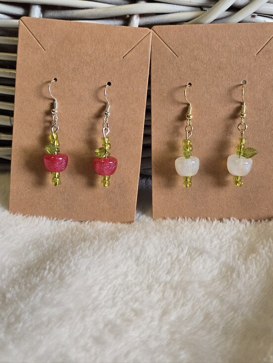 Handmade Jewelry - Glitter Apple Glass Dangle Earrings with Green Leaves Handmade 3 COLORS